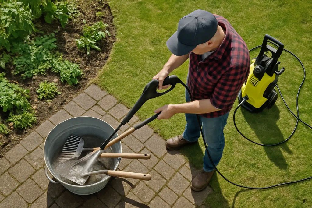 использование минимойки на даче для мытья садового инвентаря