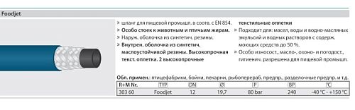 Шланг синий обрезиненный для пищевой промышленности DN12, 80 бар, 150 °C, AQUAFOAM Foodjet  