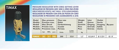 Регулятор давления , 60 бар, 200 л/мин., вх. 1/2 г, вых. 3/4 г, байпас 1"г