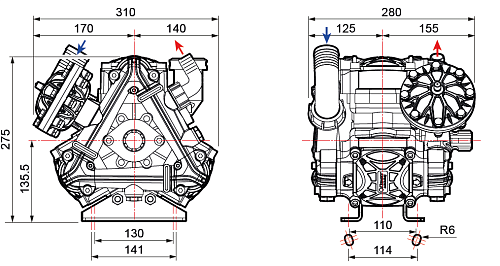 Насос мембранный Comet® серия BP135 D (124 л/мин; 20 бар); вал d30 гладкий/шпонка - ВОМ 1"3/8